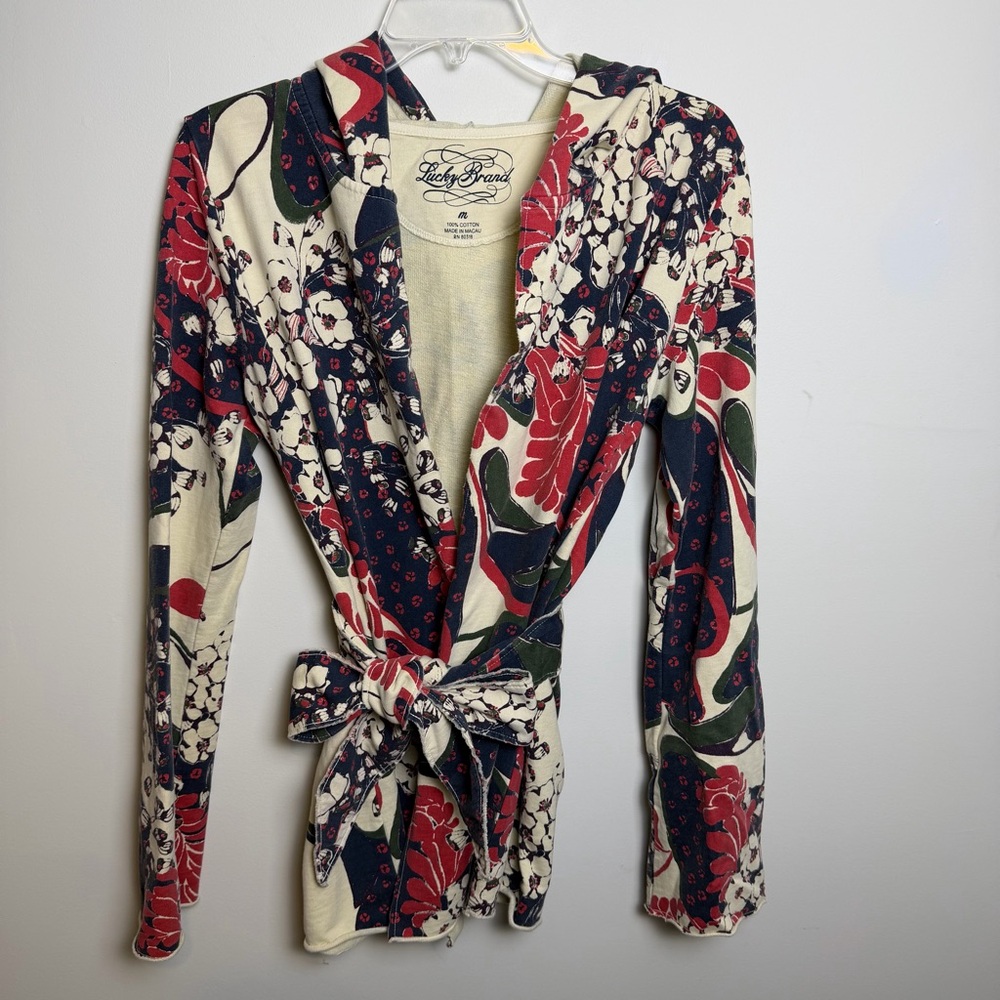 LUCKY BRAND Kimono Sweater Jacket Tie Hood | Asian Print, Red/Cream/Blue | Med - Picture 2 of 10